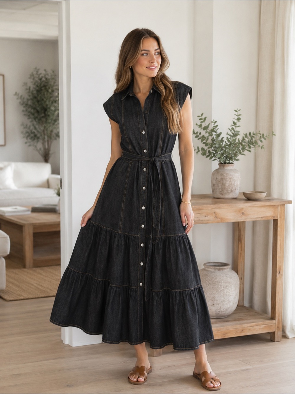 Elan Black Button-Front Midi Dress with Waist Tie - Picture 1 of 6